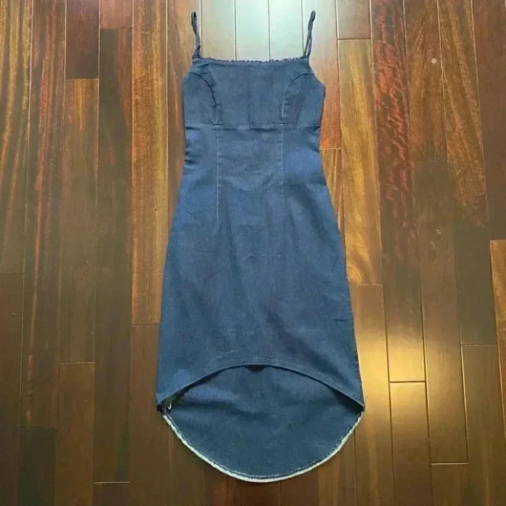 Le Chateau Dark Blue Denim Slip Dress Bodycon Stretch High Low Size Small - Picture 16 of 16